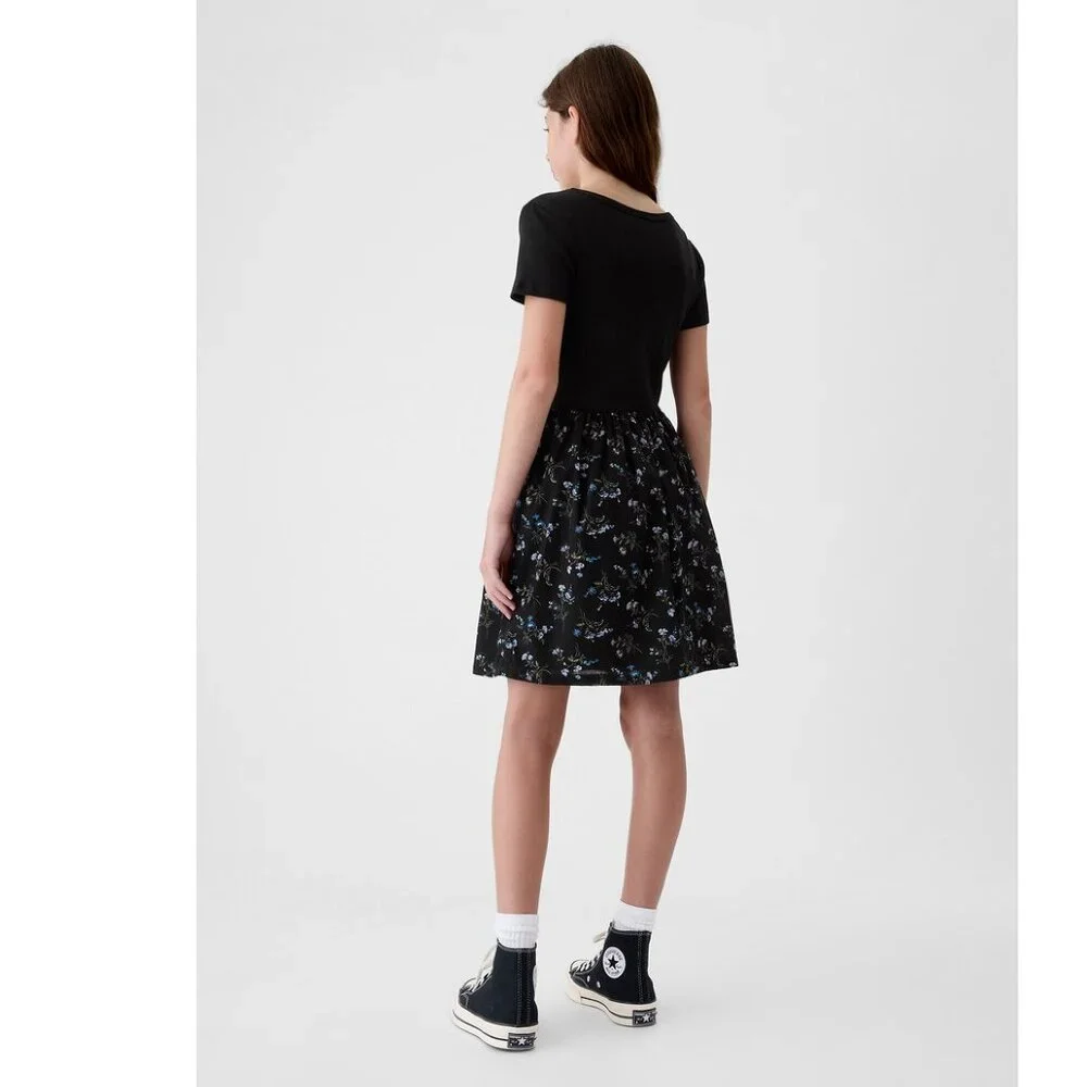 Gap Girls Black Short Sleeve Floral Print Skater Dress M